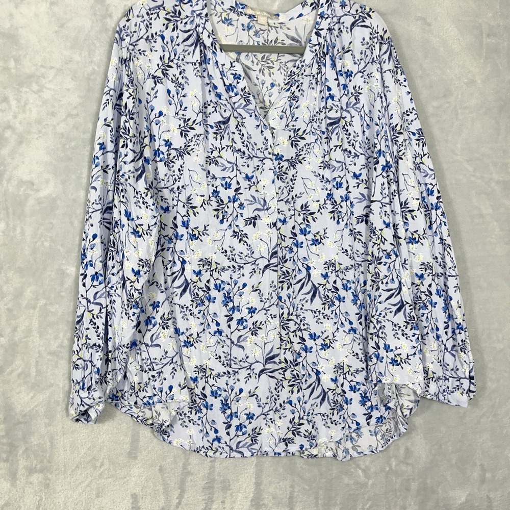 Woman Within Blue Floral Blouse Top Flowy Long Sleeve 2X Causal Coastal V-Neck‎
